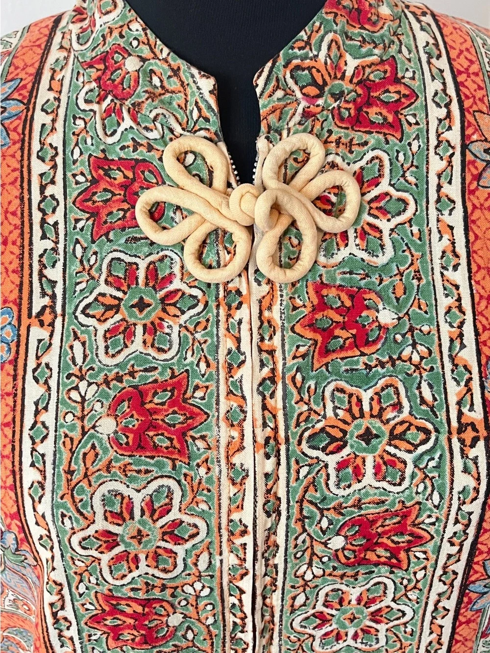 Vintage Maxi Caftan Robe Cotton Paisley Block Print 1970s Boho Hippie Kaftan - Picture 9 of 12